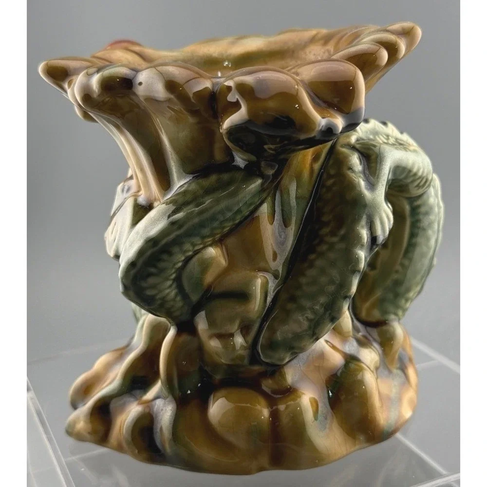 Vintage Dragon Vase Figural Art Pottery Majolica Style Green Brown Ceramic 5